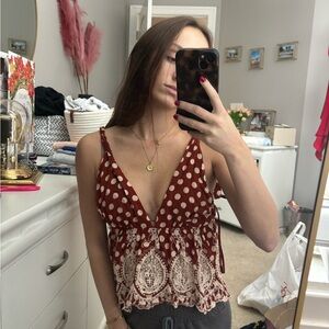 Free People Burgundy Polka Dot Lace Blouse